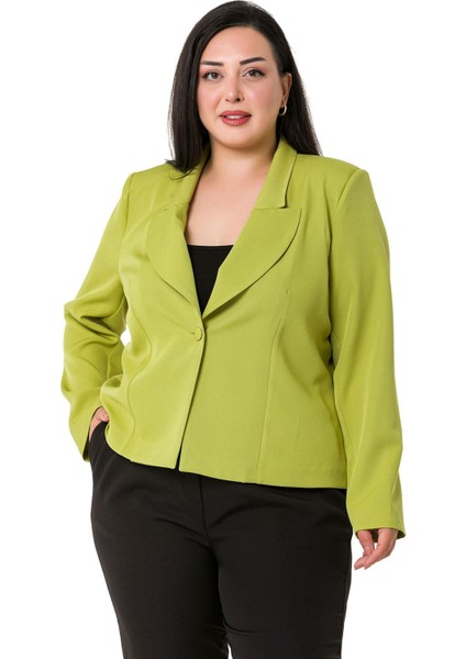 Büyük Beden Yaka Detaylı Vatkalı Astarsız Kısa Fıstık Yeşili Ceket