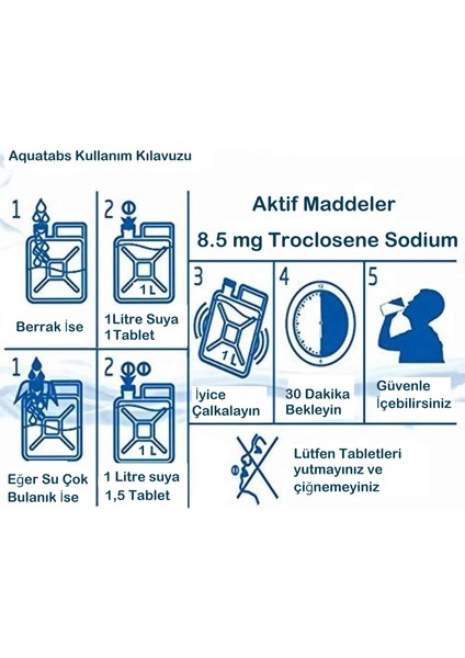 Aquatabs Doğada Hayatta Kalma 8,5mg. Su Arıtma Tableti