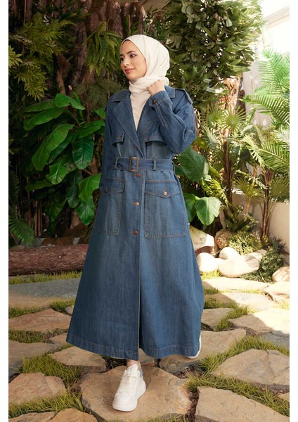 Kadın Trençkot Koyu Mavi Coton Malzeme Reglan Kol Detayıyla Modern Stil fiyatları
