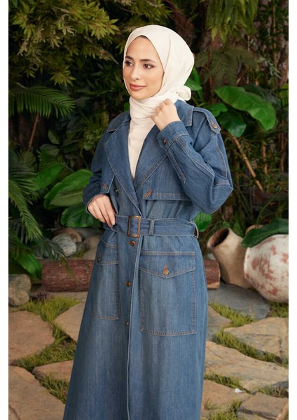 Kadın Trençkot Koyu Mavi Coton Malzeme Reglan Kol Detayıyla Modern Stil modelleri