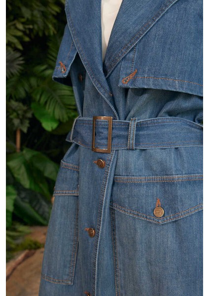 Kadın Trençkot Koyu Mavi Coton Malzeme Reglan Kol Detayıyla Modern Stil indirimleri