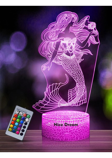 Çocuklar Için Deniz Kızı Gece Lambası, 3D Gece Lambası, Uzaktan Kumanda ile 16 Renk Değiştirme, Oda Dekoru, Çocuklar Için Hediyeler Kız Erkek (Yurt Dışından)