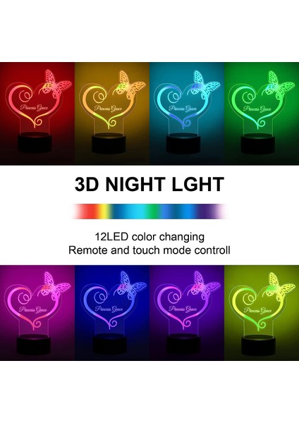 Kişiselleştirilmiş Kelebek Gece Lambası Özel Ad LED Lamba 3D Kalp Şeklinde Kelebek Lamba Yatak Odası Dekorasyonu Çocuklar Için En Iyi Hediye Yetişkin Kızlar Noel Sevgililer Günü (A (Yurt Dışından)