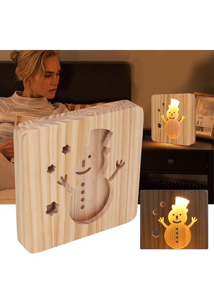 LED Gece Lambası, 3D Kardan Adam Içi Boş Tasarım Içi Boş Oyma Stili, Yumuşak Sıcak Beyaz Işık Ahşap Gece Lambası, Ofis Yatak Odası Oturma Odası Barı Için Mobil USB Güç Arayüzü (Yurt Dışından)