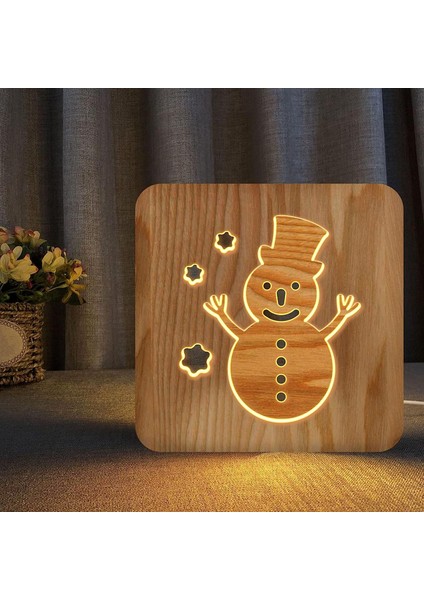 LED Gece Lambası, 3D Kardan Adam Içi Boş Tasarım Içi Boş Oyma Stili, Yumuşak Sıcak Beyaz Işık Ahşap Gece Lambası, Ofis Yatak Odası Oturma Odası Barı Için Mobil USB Güç Arayüzü (Yurt Dışından)
