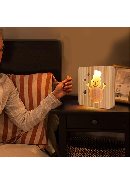 LED Gece Lambası, 3D Kardan Adam Içi Boş Tasarım Içi Boş Oyma Stili, Yumuşak Sıcak Beyaz Işık Ahşap Gece Lambası, Ofis Yatak Odası Oturma Odası Barı Için Mobil USB Güç Arayüzü (Yurt Dışından)