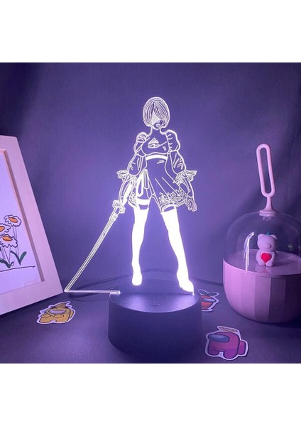 Yorha No2 B Tipi Anime 3D Erkek Için Gece Lambası 16 Renk Kız Odası Dekoru Illusion LED Lamba USB Manga Nier Automata Şekil Uygun Çocuk Hayranları Noel Hediyeleri (Siyah Lamba) (Yurt Dışından)