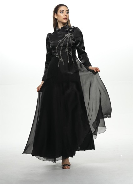 547 Önü Taş Detaylı Janjan Abiye - Siyah