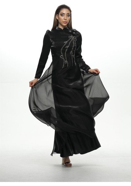 547 Önü Taş Detaylı Janjan Abiye - Siyah modelleri