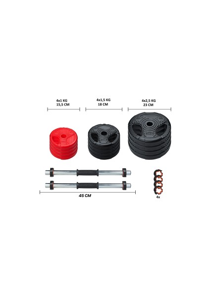 21 kg (2X10,5KG) Multifonksiyonel Plate Dambıl Seti Kırmızı -Siyah
