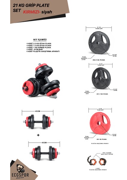 21 kg (2X10,5KG) Multifonksiyonel Plate Dambıl Seti Kırmızı -Siyah