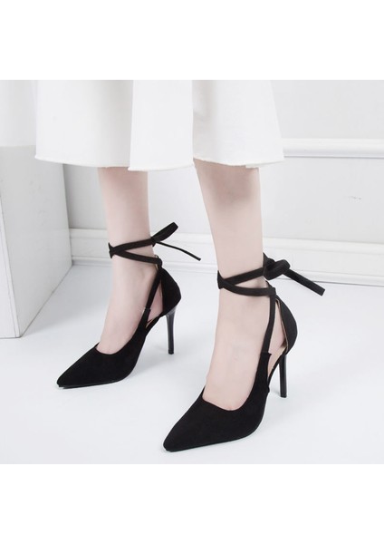 Bağcıklı Stiletto Sığ Burunlu Tüm Uyumlu Süet Yüksek Topuklu Ayakkabı (Yurt Dışından) modelleri