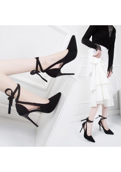 Bağcıklı Stiletto Sığ Burunlu Tüm Uyumlu Süet Yüksek Topuklu Ayakkabı (Yurt Dışından) fırsatları
