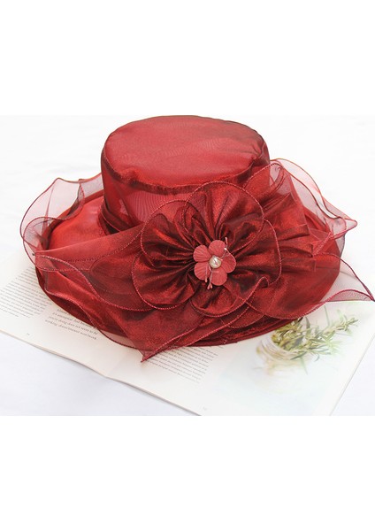 Eva Organza Örgü Çiçek Katlanabilir Büyük Ağzına Kadar Plaj Güneş Şapka - Şarap Kırmızısı (Yurt Dışından) fiyatları