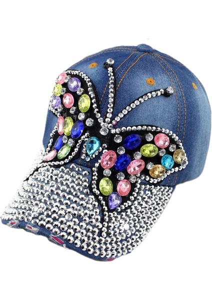 Eva Kadınlar Renkli Rhinestone Kelebek Denim Tepeli Kapak - Mavi (Yurt Dışından)