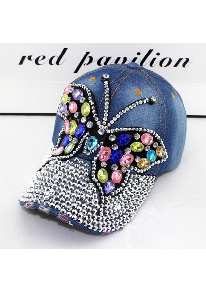 Eva Kadınlar Renkli Rhinestone Kelebek Denim Tepeli Kapak - Mavi (Yurt Dışından)