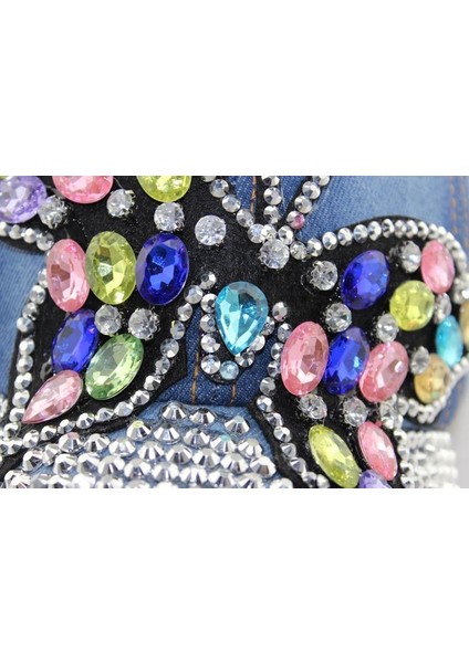 Eva Kadınlar Renkli Rhinestone Kelebek Denim Tepeli Kapak - Mavi (Yurt Dışından)