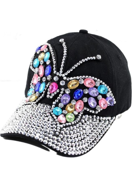 Eva Kadınlar Renkli Rhinestone Kelebek Denim Tepeli Kapak - Siyah (Yurt Dışından)