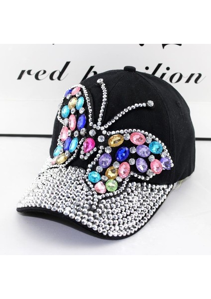 Eva Kadınlar Renkli Rhinestone Kelebek Denim Tepeli Kapak - Siyah (Yurt Dışından)