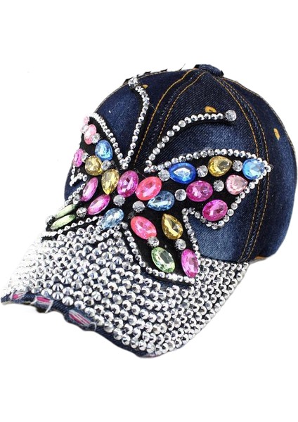 Eva Kadınlar Renkli Rhinestone Kelebek Denim Tepeli Kapak - Lacivert (Yurt Dışından)