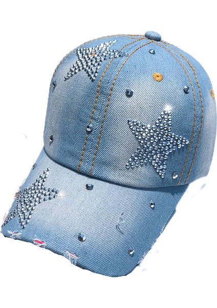 Eva Üç Pentagram Rhinestone Kadın Yumuşak Top Bowboy Güneş Koruyucu Kapak - Açık Mavi (Yurt Dışından)