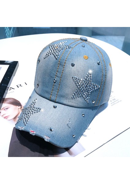 Eva Üç Pentagram Rhinestone Kadın Yumuşak Top Bowboy Güneş Koruyucu Kapak - Açık Mavi (Yurt Dışından) modelleri