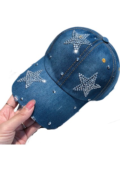 Eva Üç Pentagram Rhinestone Kadın Yumuşak Top Bowboy Güneş Koruyucu Kapak - Koyu Mavi (Yurt Dışından)