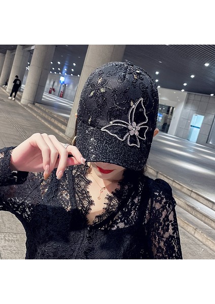 Eva Bowknot Rhinestone Yarım Örgü Nefes Alabilen Beyzbol Zirveli Şapka - Siyah (Yurt Dışından)