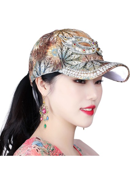 Eva Maske Deseni Parlak Rhinestone Kadın Açık Hava Spor Kovboy Paketli Şapka - Haki (Yurt Dışından)