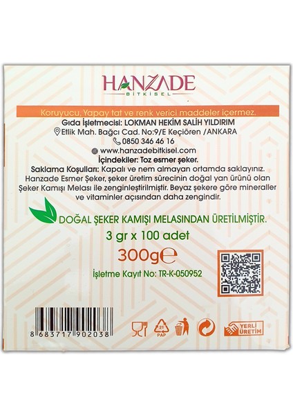 Hanzade Bitkisel Stick Kahverengi Esmer Şeker 100 Sticks 300 gr