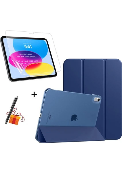 iPad 10.nesil 2022 10.9" Tablet Kılıfı Smart Standlı- Ekran Koruyucu Nano Esnek - Kalem Hediyeli Set