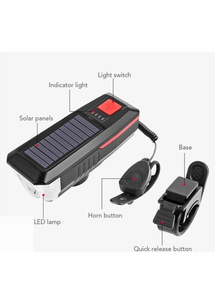 T6 LED Solar Güneş Enerjili Kornalı Powerbankli Su Geçirmez USB Şarjlı Bisiklet Farı 3 Modlu