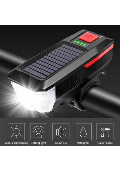 T6 LED Solar Güneş Enerjili Kornalı Powerbankli Su Geçirmez USB Şarjlı Bisiklet Farı 3 Modlu