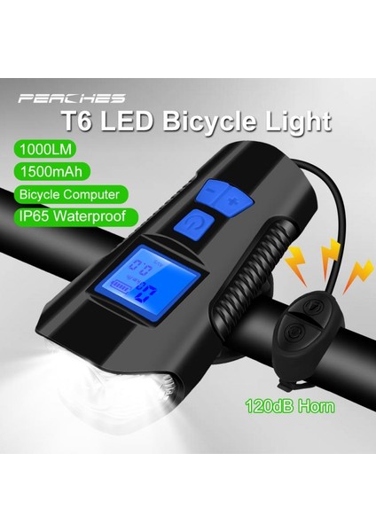 T6 LED 1000 Lümen Kornalı ve Hız Göstergeli Su Geçirmez USB ile Şarj Edilebilir Bisiklet Farı
