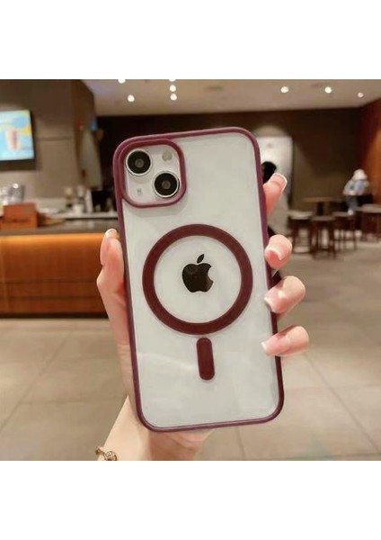 Aplle iPhone 14 Pro Magsafe Uyumlu Mat Çerçeveli Telefon Kılıfı Bordo