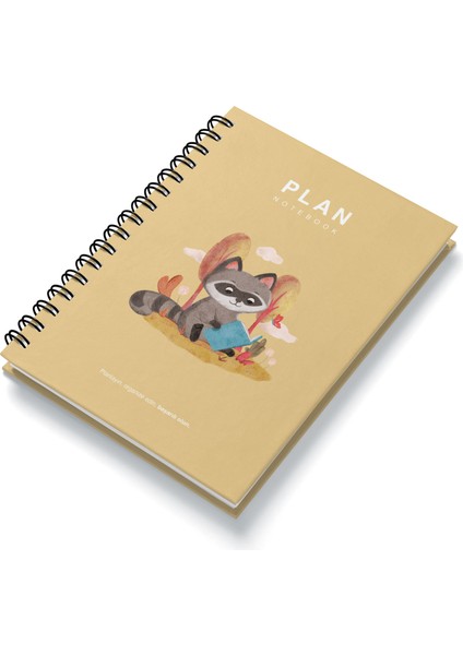 Deep Notebook Süresiz Planlayıcı Ajanda A5 Spiralli Kitap Okuyan Rakun Maskot Tasarımı