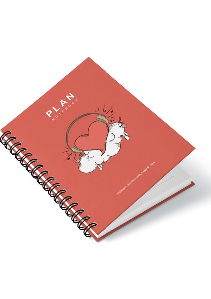 Deep Notebook Süresiz Planlayıcı Ajanda A5 Spiralli Müzik Dinleyen Kalp Maskot Tasarımı