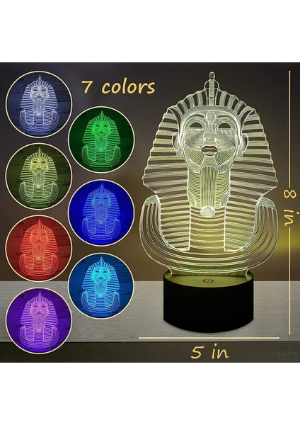 Firavun 3D Gece Işığı Lambası - Optik Illüzyon Lambası Mısır Dekoru LED Işık 3D Hologram Projektör - Küçük Dokunmatik Lambalı 7 Renk Değiştirme Lambası - Küçük Masa Lambası Erkekle (Yurt Dışından)