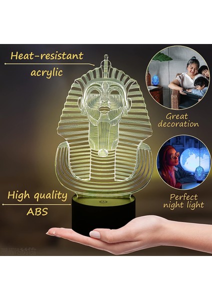 Firavun 3D Gece Işığı Lambası - Optik Illüzyon Lambası Mısır Dekoru LED Işık 3D Hologram Projektör - Küçük Dokunmatik Lambalı 7 Renk Değiştirme Lambası - Küçük Masa Lambası Erkekle (Yurt Dışından)