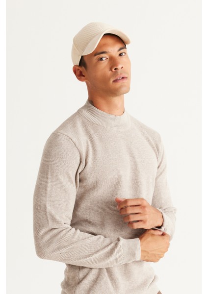 Erkek Bej Melanj Standart Fit Normal Kesim Yarım Balıkçı Yaka Pamuklu Jakarlı Triko Kazak