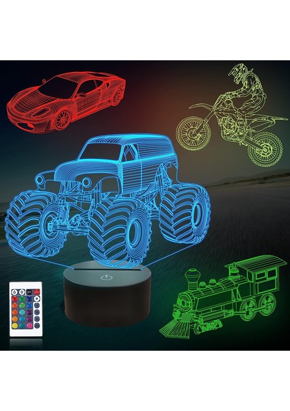 Canavar Kamyon Hediyeleri, Araba, Çocuklar Için Dirt Bike 3D Gece Lambası (4 Model), Uzaktan Kumandalı ve 16 Renk Değiştirme ve Kısılabilir Fonksiyon ve Hediye Paketi, Erkek Kız Ço (Yurt Dışından)
