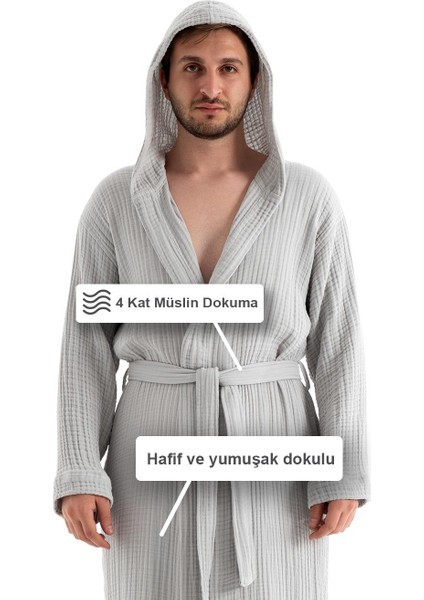 Unisex Kapşonlu 4 Kat Müslin Bornoz - Gri