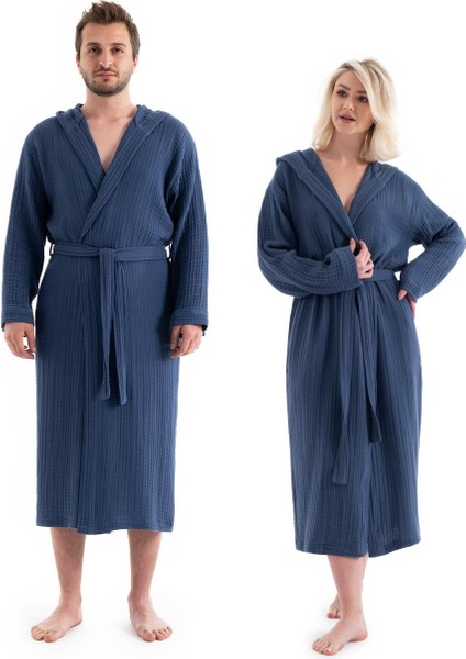 Unisex Kapşonlu 4 Kat Müslin Bornoz - Lacivert