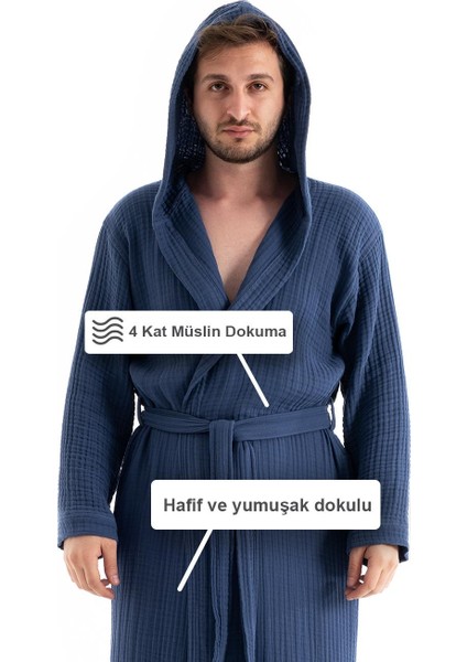 Unisex Kapşonlu 4 Kat Müslin Bornoz - Lacivert