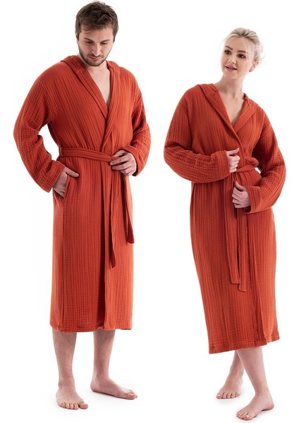 Unisex Kapşonlu 4 Kat Müslin Bornoz - Kiremit
