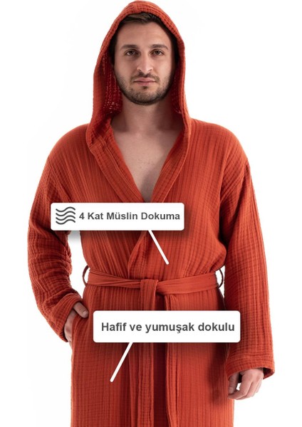 Unisex Kapşonlu 4 Kat Müslin Bornoz - Kiremit