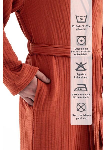 Unisex Kapşonlu 4 Kat Müslin Bornoz - Kiremit