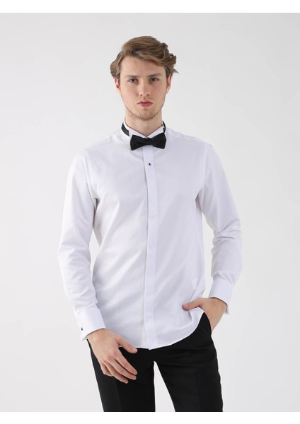 Beyaz Erkek Slim Fit Ata Yaka Duble Manşetli Kol Gömlek