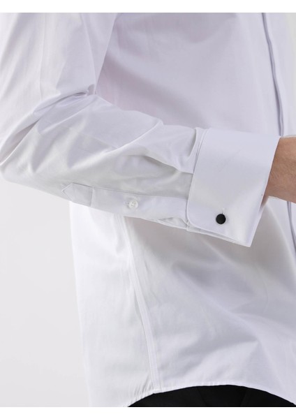 Beyaz Erkek Slim Fit Ata Yaka Duble Manşetli Kol Gömlek