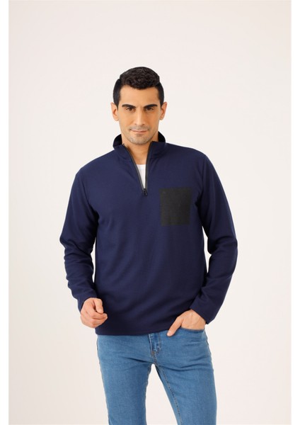 Lacivert Erkek Regular Fit Dik Yaka Sweatshirt